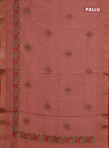 Linen saree peach shade and maroon with embroidery buttas and embroidery pallu & border