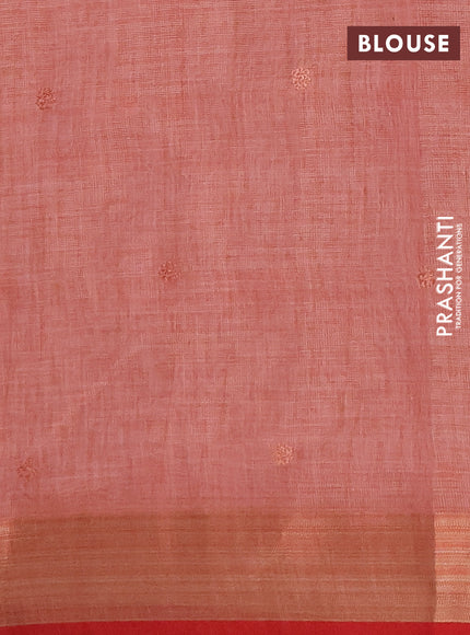 Linen saree peach shade and maroon with embroidery buttas and embroidery pallu & border
