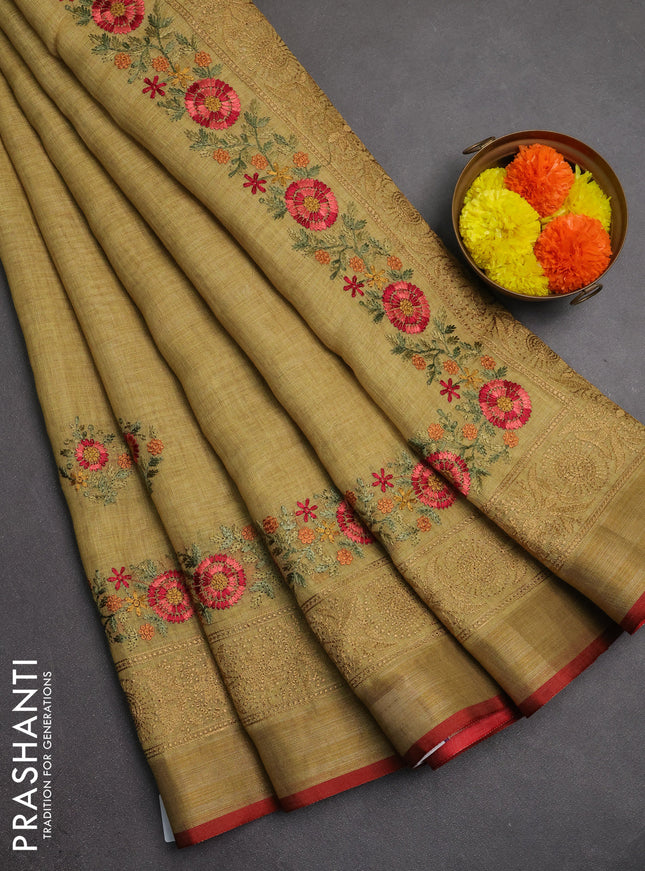Linen saree mustard yellow and maroon with embroidery buttas and embroidery pallu & border