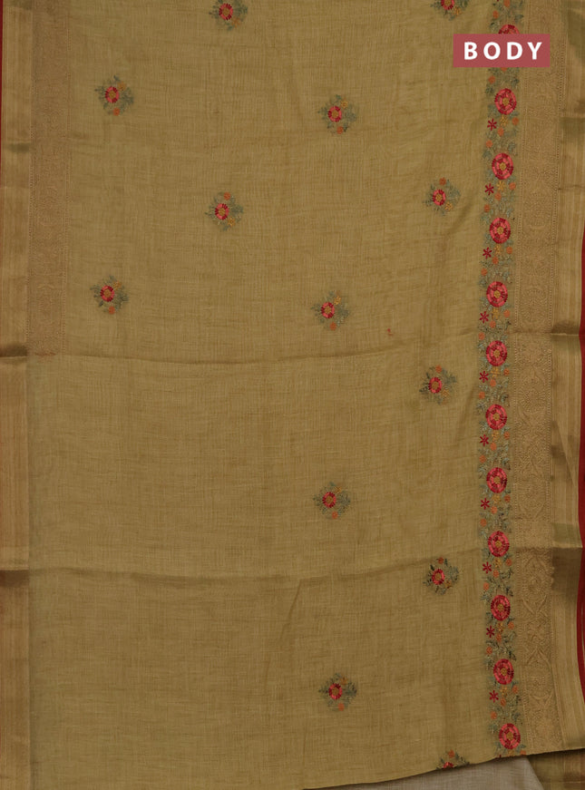 Linen saree mustard yellow and maroon with embroidery buttas and embroidery pallu & border