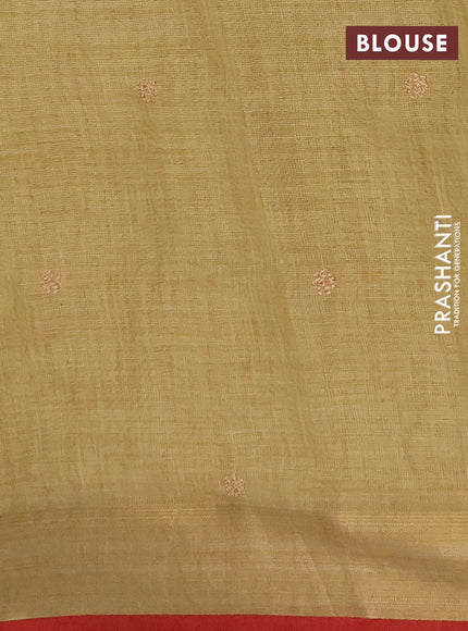 Linen saree mustard yellow and maroon with embroidery buttas and embroidery pallu & border