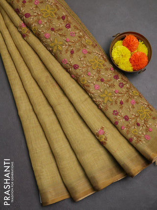 Linen saree mustard yellow with embroidery buttas and embroidery pallu