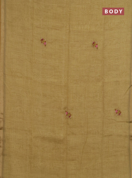 Linen saree mustard yellow with embroidery buttas and embroidery pallu