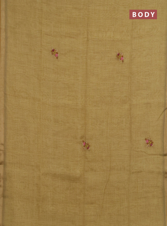 Linen saree mustard yellow with embroidery buttas and embroidery pallu