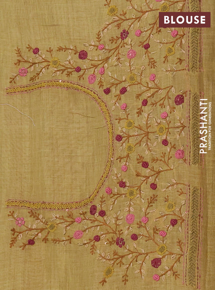 Linen saree mustard yellow with embroidery buttas and embroidery pallu