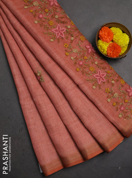 Linen saree dark peach with embroidery buttas and embroidery pallu