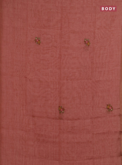 Linen saree dark peach with embroidery buttas and embroidery pallu
