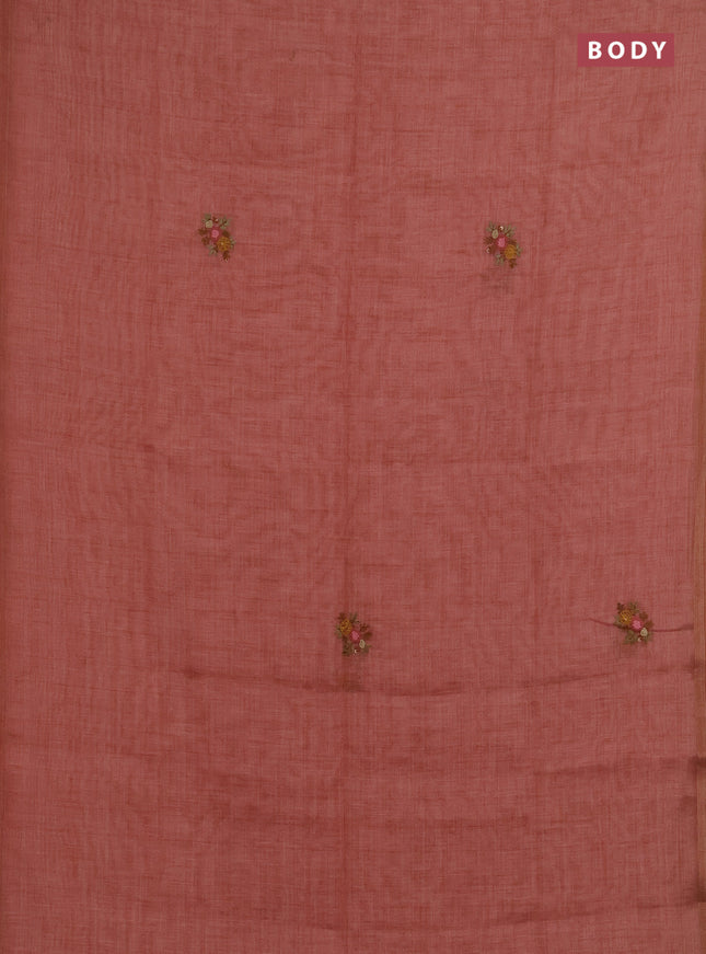 Linen saree dark peach with embroidery buttas and embroidery pallu