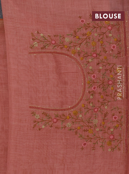 Linen saree dark peach with embroidery buttas and embroidery pallu