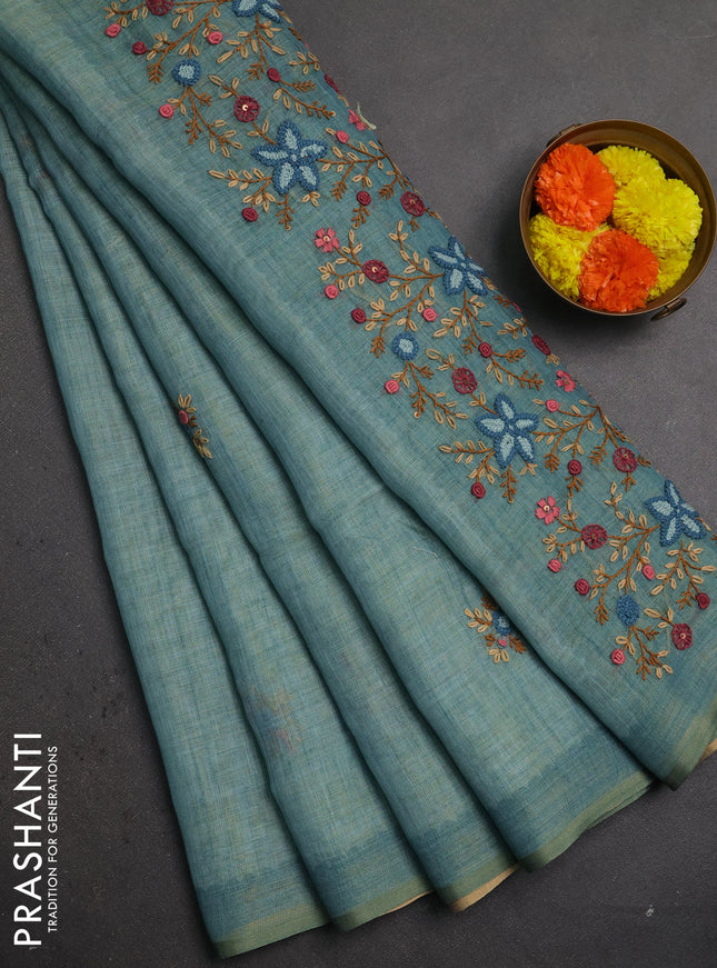 Linen saree teal blue with embroidery buttas and embroidery pallu