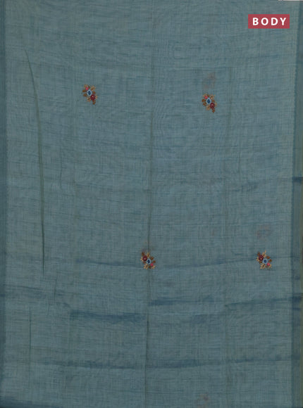 Linen saree teal blue with embroidery buttas and embroidery pallu