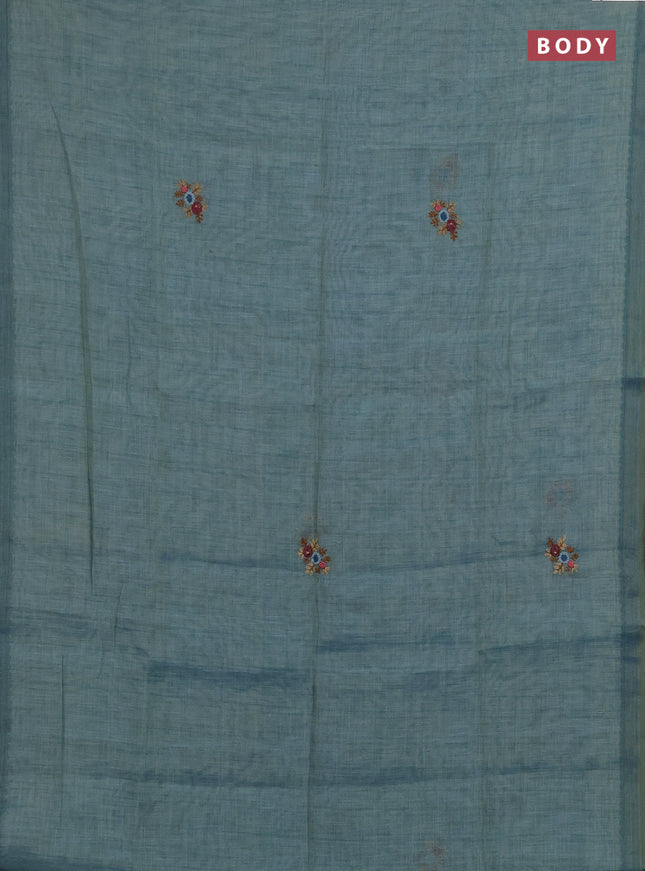 Linen saree teal blue with embroidery buttas and embroidery pallu