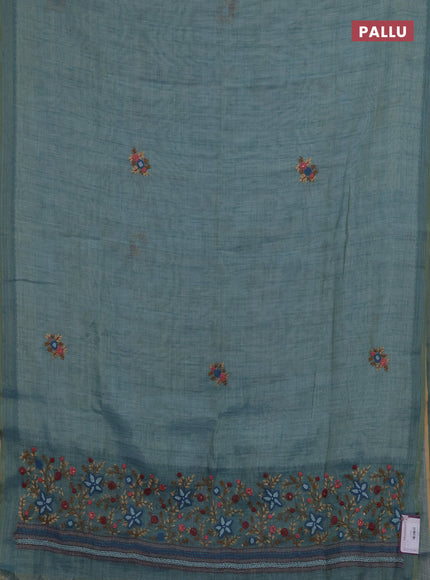 Linen saree teal blue with embroidery buttas and embroidery pallu