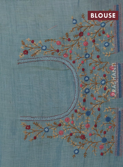 Linen saree teal blue with embroidery buttas and embroidery pallu