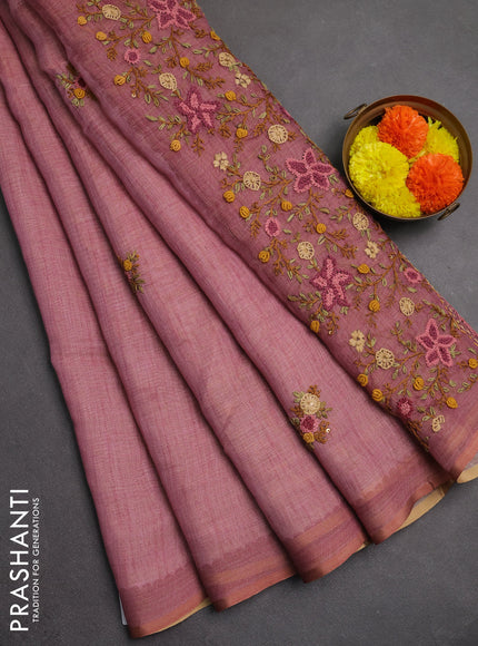 Linen saree pastel pink with embroidery buttas and embroidery pallu