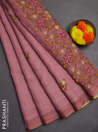 Linen saree pastel pink with embroidery buttas and embroidery pallu
