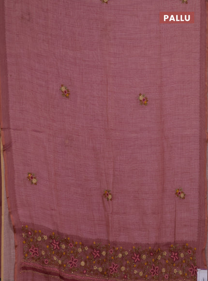 Linen saree pastel pink with embroidery buttas and embroidery pallu