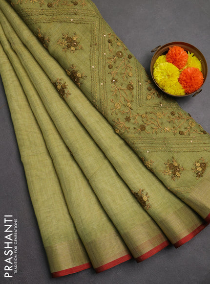 Linen saree light green and maroon with embroidery buttas and embroidery pallu