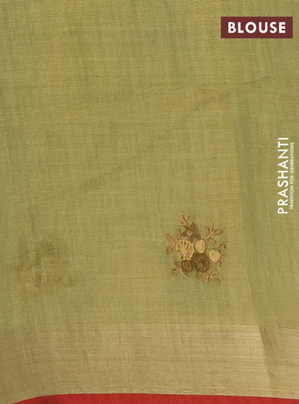Linen saree light green and maroon with embroidery buttas and embroidery pallu