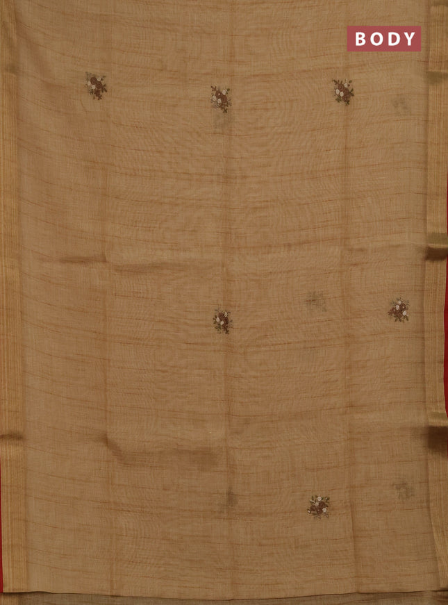 Linen saree dark mustard and maroon with embroidery buttas and embroidery pallu