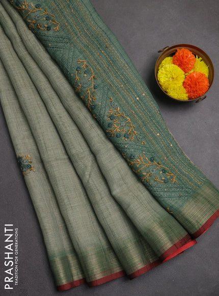 Linen saree pastel green and maroon with embroidery buttas and embroidery pallu