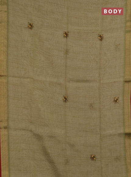 Linen saree light green and maroon with embroidery buttas and embroidery pallu