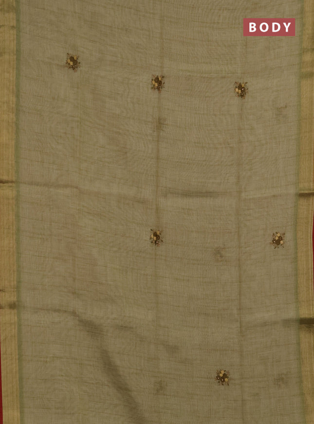 Linen saree light green and maroon with embroidery buttas and embroidery pallu