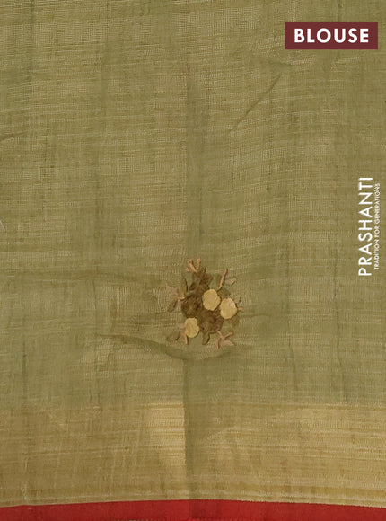 Linen saree light green and maroon with embroidery buttas and embroidery pallu
