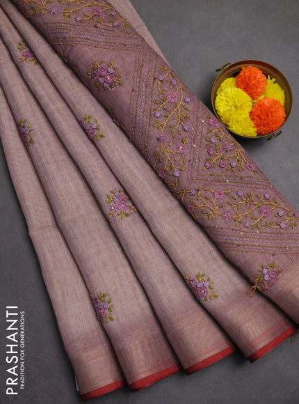 Linen saree pastel purple and maroon with embroidery buttas and embroidery pallu