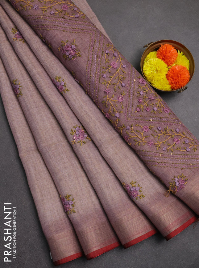Linen saree pastel purple and maroon with embroidery buttas and embroidery pallu