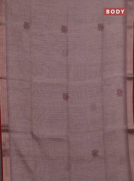 Linen saree pastel purple and maroon with embroidery buttas and embroidery pallu