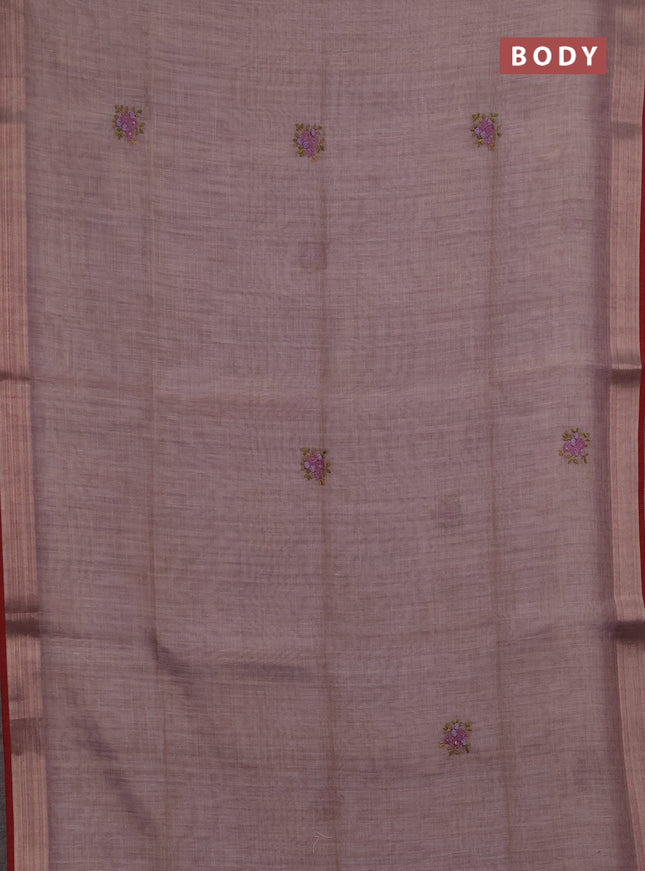 Linen saree pastel purple and maroon with embroidery buttas and embroidery pallu