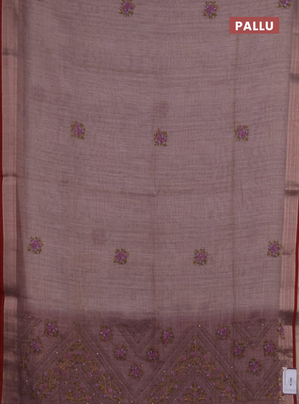 Linen saree pastel purple and maroon with embroidery buttas and embroidery pallu
