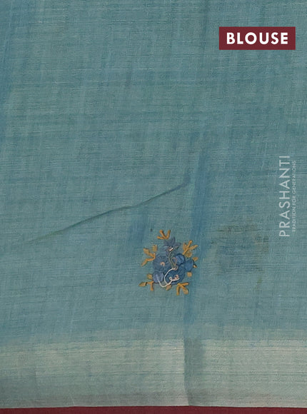 Linen saree teal blue and maroon with embroidery buttas and embroidery pallu