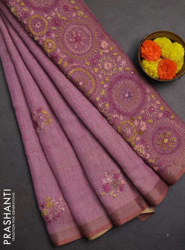 Linen saree pastel pink with embroidery buttas and embroidery pallu