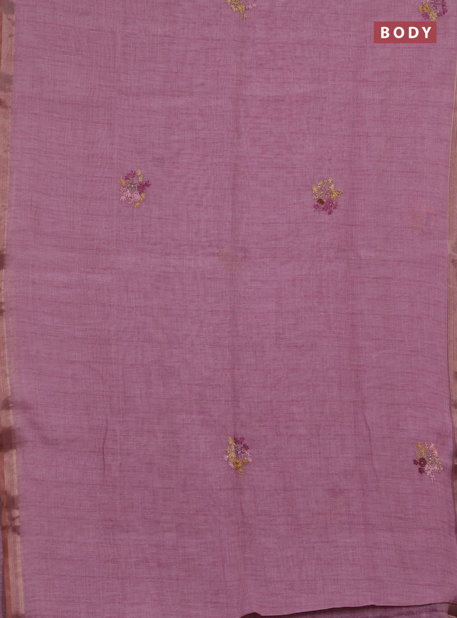 Linen saree pastel pink with embroidery buttas and embroidery pallu
