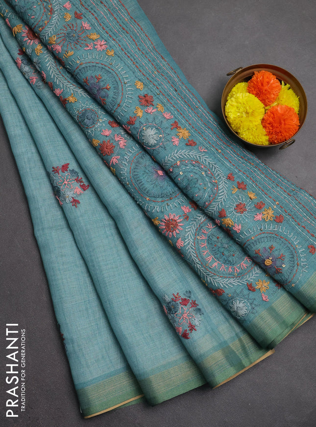 Linen saree teal blue with embroidery buttas and embroidery pallu