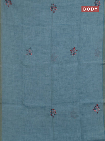 Linen saree teal blue with embroidery buttas and embroidery pallu