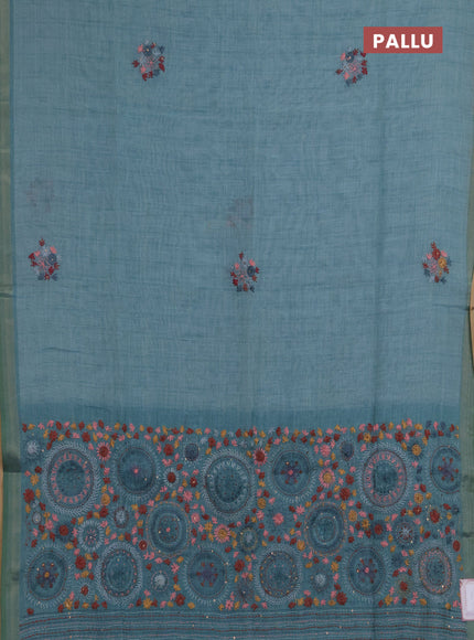 Linen saree teal blue with embroidery buttas and embroidery pallu