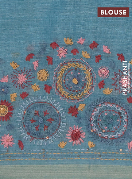 Linen saree teal blue with embroidery buttas and embroidery pallu
