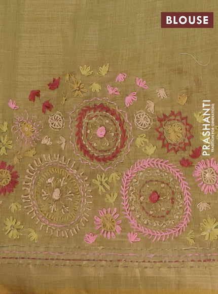 Linen saree green with embroidery buttas and embroidery pallu