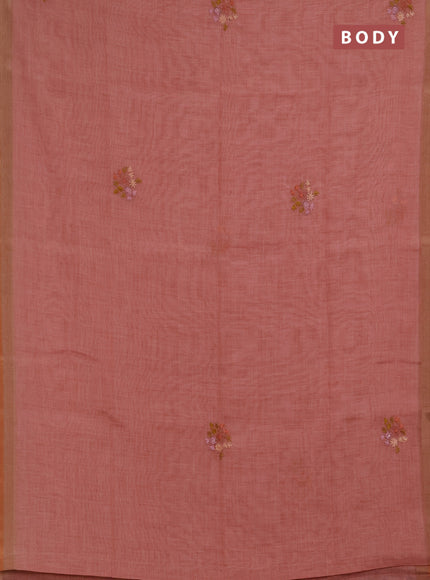 Linen saree peach shade with embroidery buttas and embroidery pallu