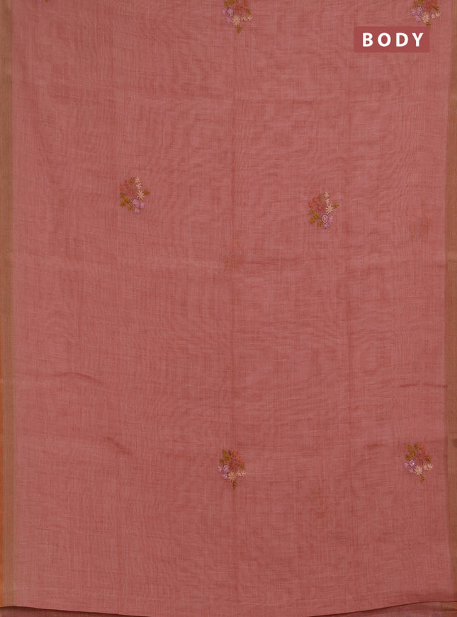 Linen saree peach shade with embroidery buttas and embroidery pallu