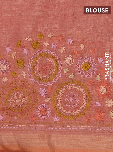 Linen saree peach shade with embroidery buttas and embroidery pallu