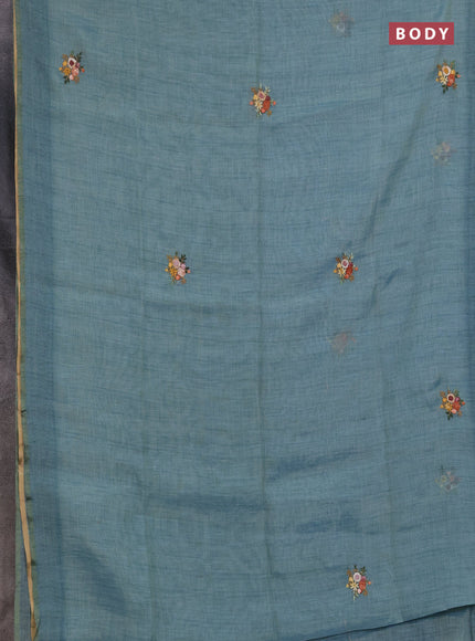 Linen saree pastel blue with embroidery buttas and embroidery pallu