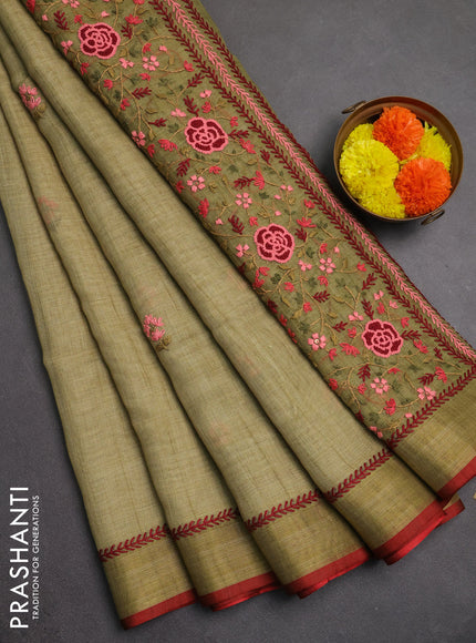 Linen saree light green and maroon with embroidery buttas and embroidery pallu