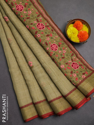 Linen saree light green and maroon with embroidery buttas and embroidery pallu