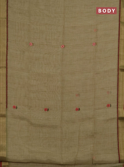 Linen saree light green and maroon with embroidery buttas and embroidery pallu