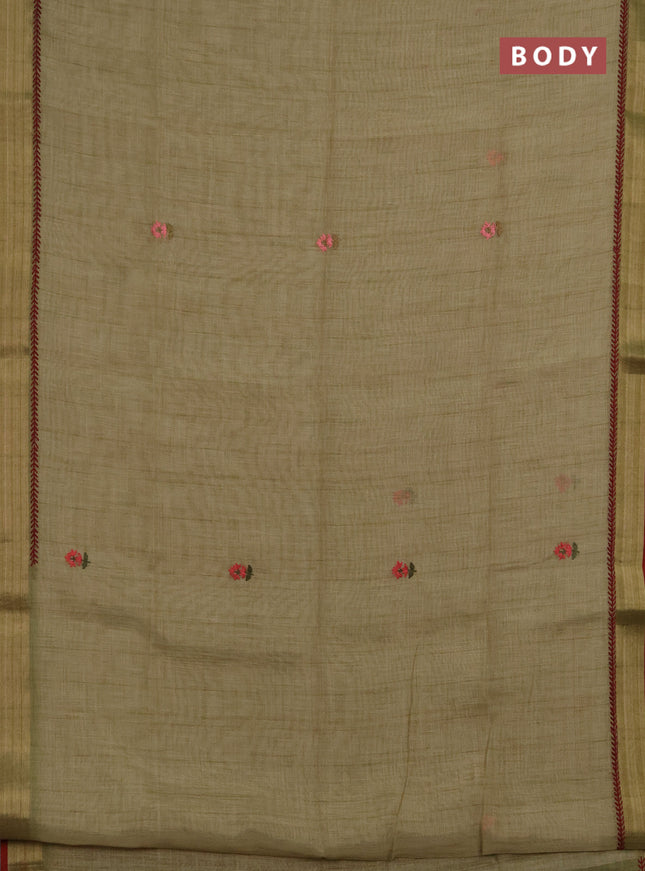 Linen saree light green and maroon with embroidery buttas and embroidery pallu