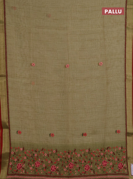 Linen saree light green and maroon with embroidery buttas and embroidery pallu